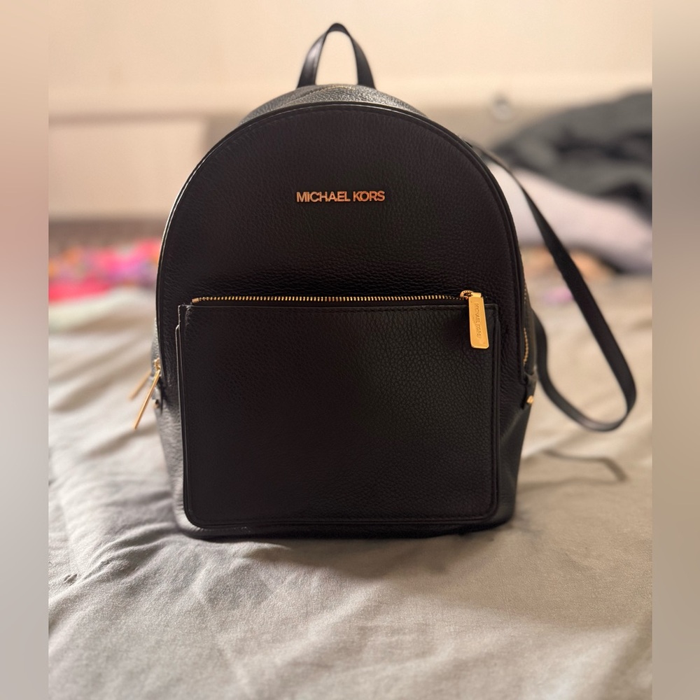 Michael Kors Black Leather Backpack with Gold Details